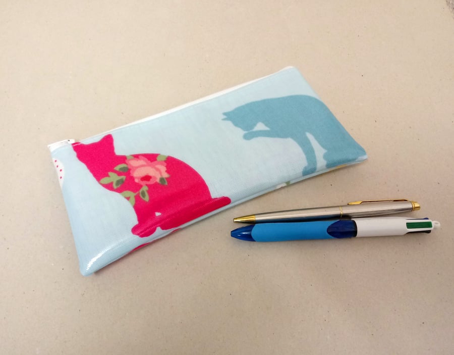 Pencil case in blue oilcloth with a cat pattern, oilcloth pencil pouch, handmade