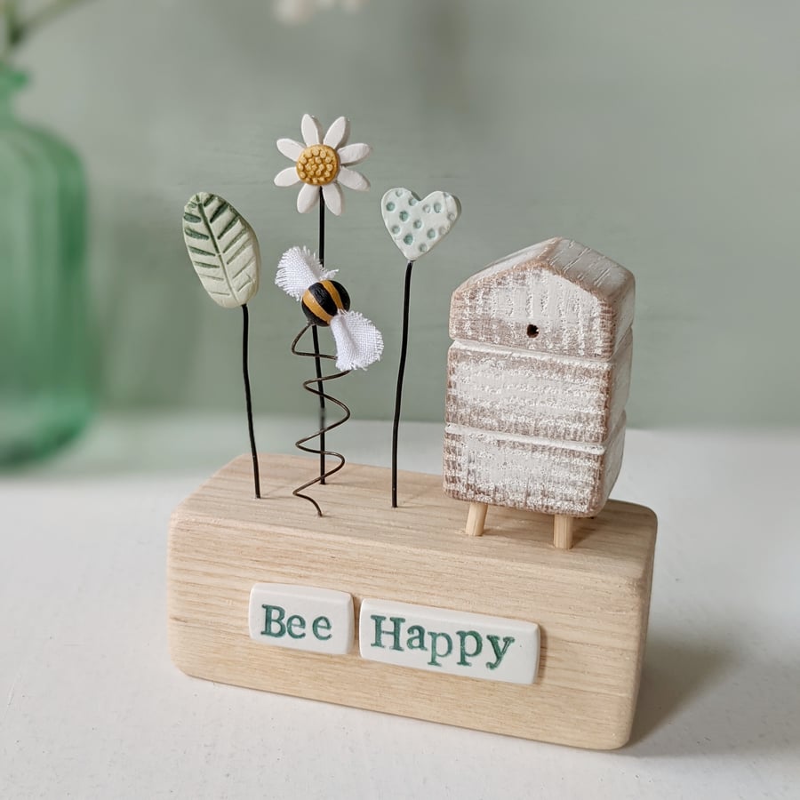 Wooden Beehive With Clay Garden and Bee 'Bee Happy'