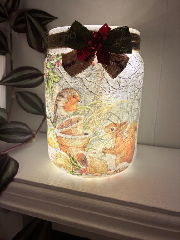Robin and Squirrel light jar, Christmas gift, home decoration 