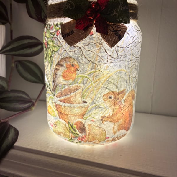 Robin and Squirrel light jar, Christmas gift, home decoration 