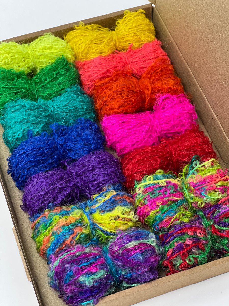 Small Neon Mohair Boucle Loop Wool Yarn Selection Pack for Wet Felting