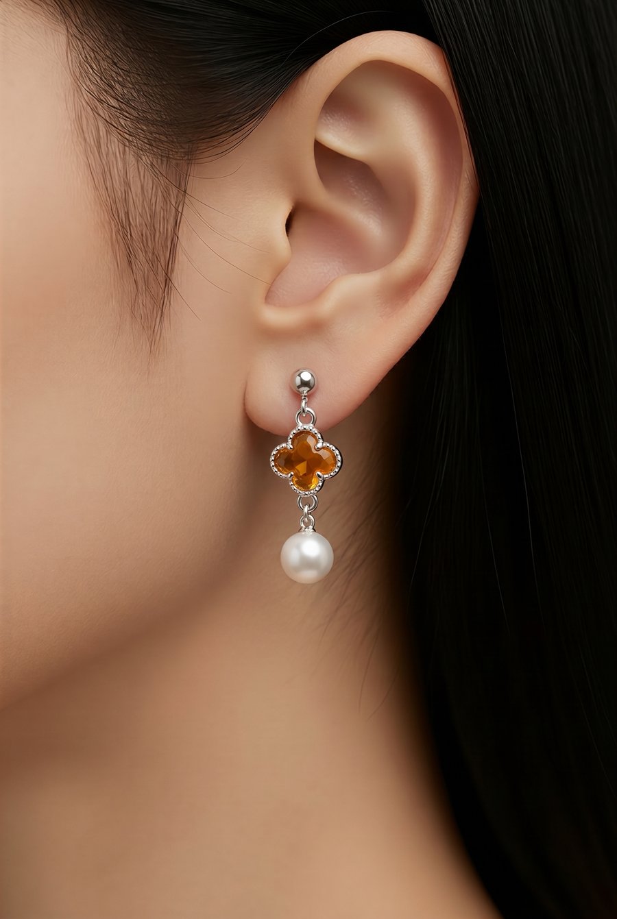 Freshwater Pearl and Four Leaf Clover White Gold Plated Earrings