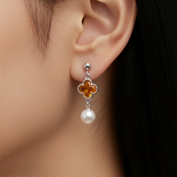 Freshwater Pearl and Four Leaf Clover White Gold Plated Earrings