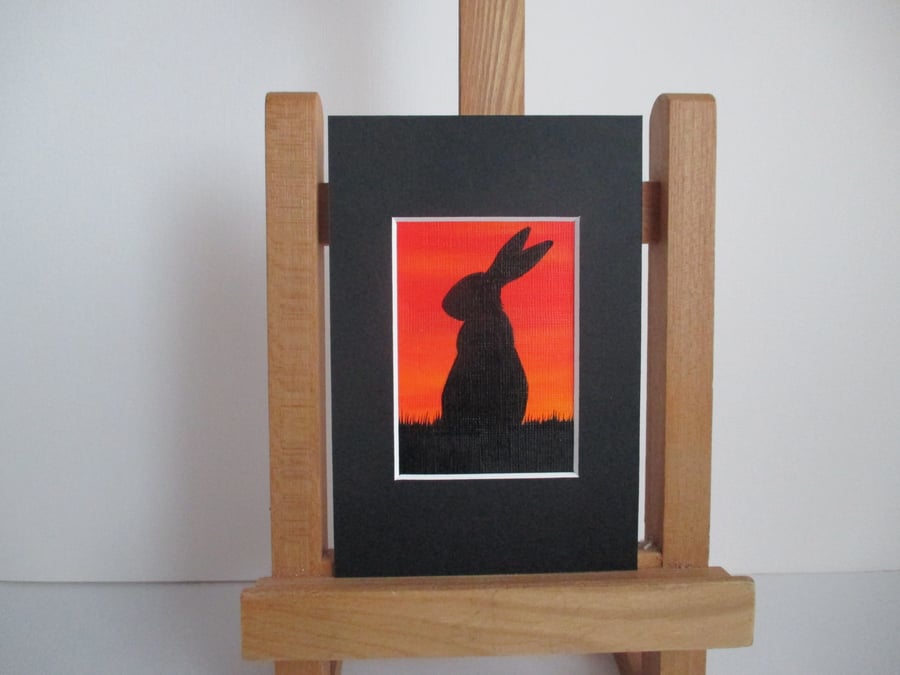 ACEO painting Bunny Rabbit Silhouette original art mounted ready to frame orange