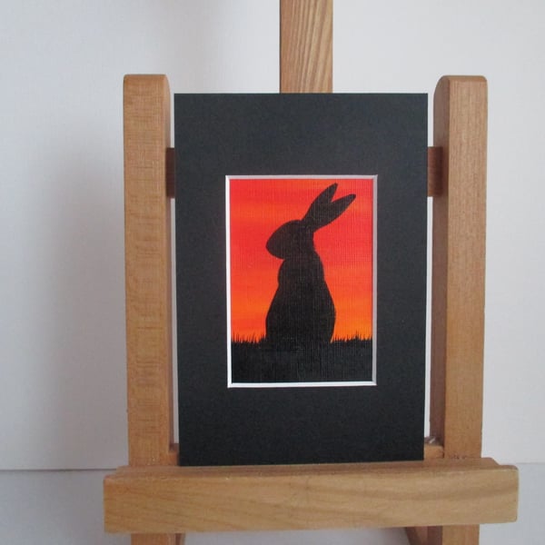 ACEO painting Bunny Rabbit Silhouette original art mounted ready to frame orange