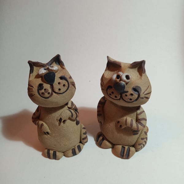 "Two Stripey Cats" Ceramic Earthenware Pottery Ornaments