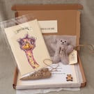 Letterbox birthday gift, embroidered teddy bear. Birthday bear, gift set