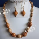 Wooden Bead Necklace & Earrings Jewellery Set