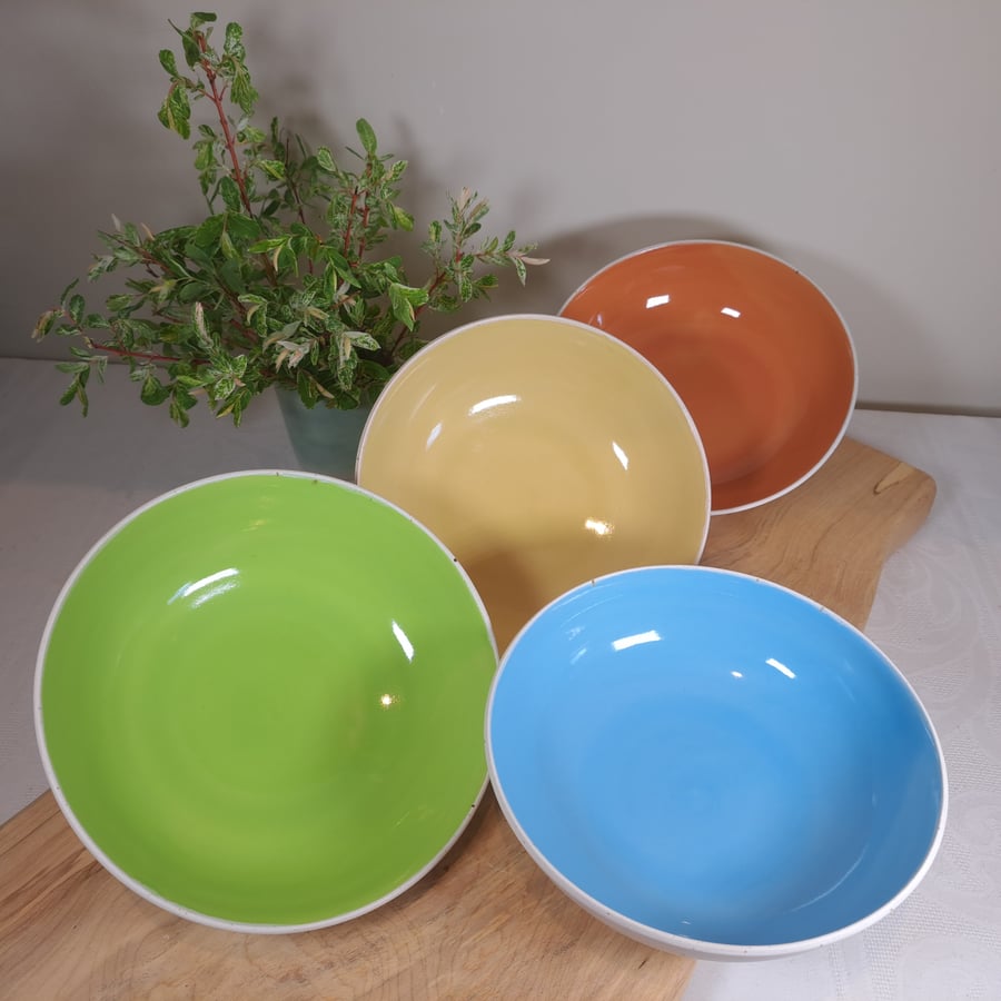 SET OF FOUR HAND MADE CERAMIC PASTA BOWLS - glazed in different colours