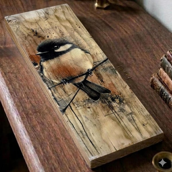 Blue Tit on Wire Rustic Wood Wall Art Decor, Photo Transfer