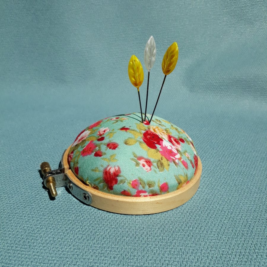 Pincushion, embroidery hoop  with flower fabric 