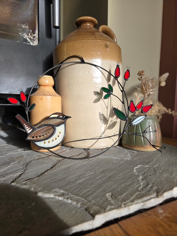 Handcrafted Stained Glass Wren and Rosehips Wreath Everlasting Bird Wall hanging