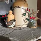 Handcrafted Stained Glass Wren and Rosehips Wreath Everlasting Bird Wall hanging
