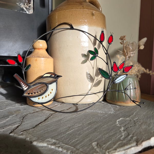 Handcrafted Stained Glass Wren and Rosehips Wreath Everlasting Bird Wall hanging