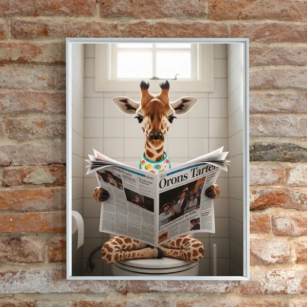 Giraffe reading a newspaper Bathroom Wall Prints