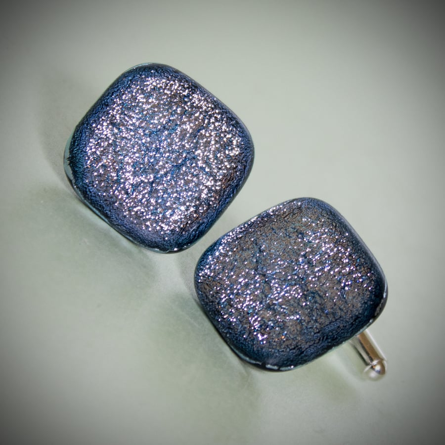 Silver and Blue Dichroic Glass Cufflinks - 4033
