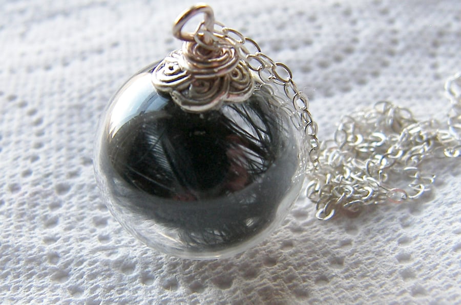 Hand blown Glass Globe Necklace with Black Marabou Feathers - ANGEL 