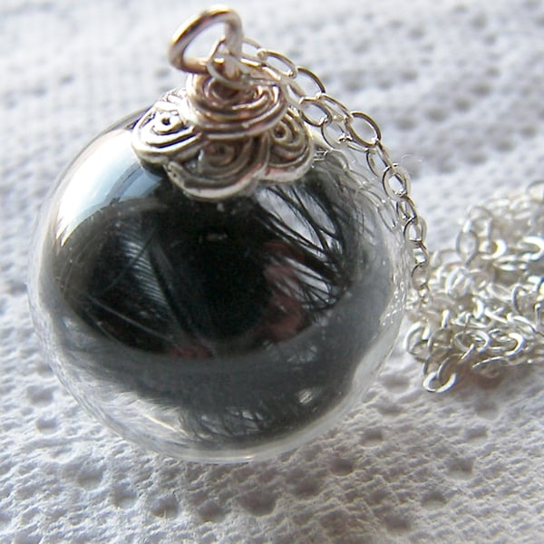 Hand blown Glass Globe Necklace with Black Marabou Feathers - ANGEL 