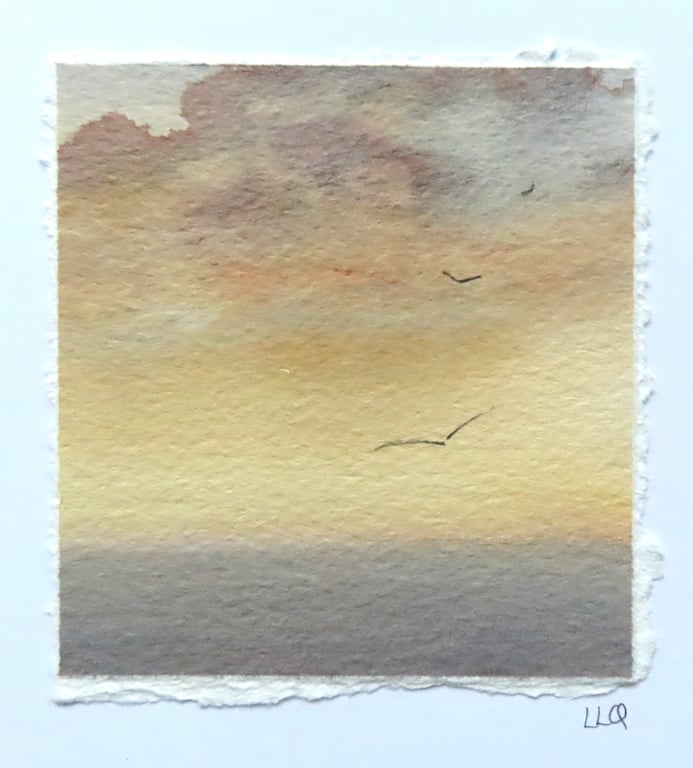 OOAK handpainted watercolour art card sunset and gliding gulls