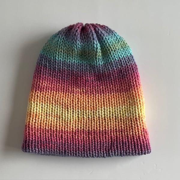 Rainbow Beanie, Handmade Double Layered Reversible Wolly Hat