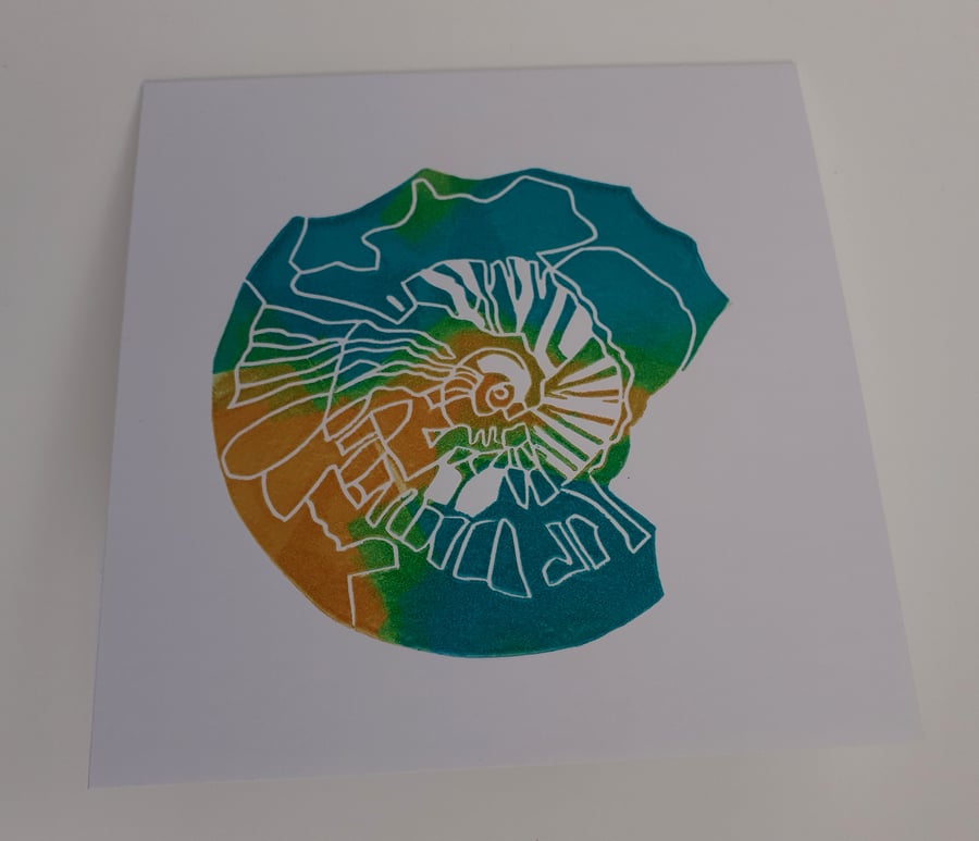 Colourful hand printed Ammonite card.