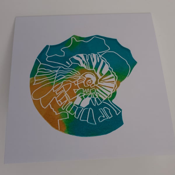 Colourful hand printed Ammonite card.