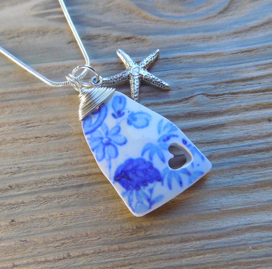 Thames victorian pottery shard heart pendant, wrapped with silverplated wire