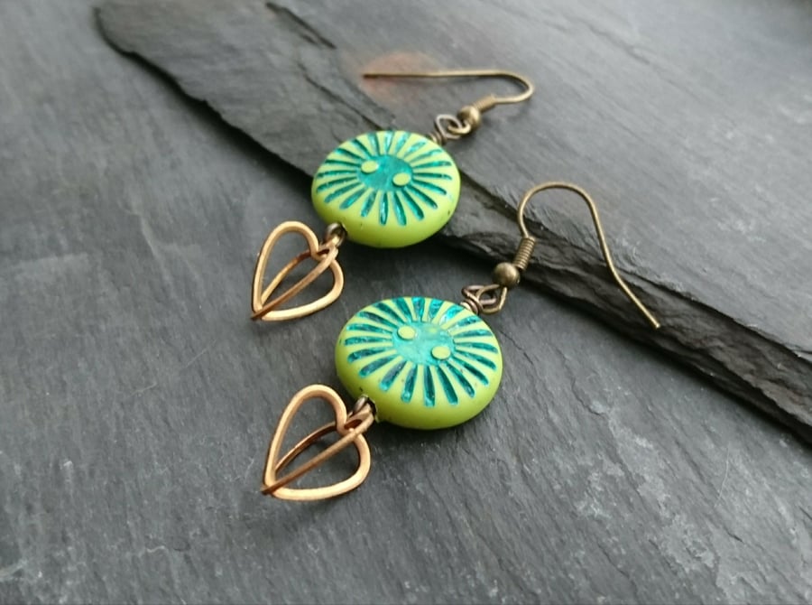 SALE green sunburst disc bead and 3d heart charm earrings