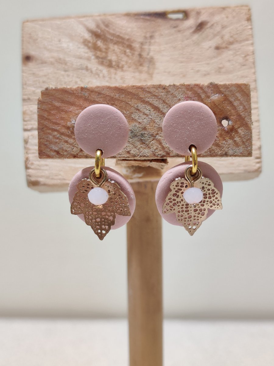 Spring floral pink leaf dangle polymer clay earrings oopsy 