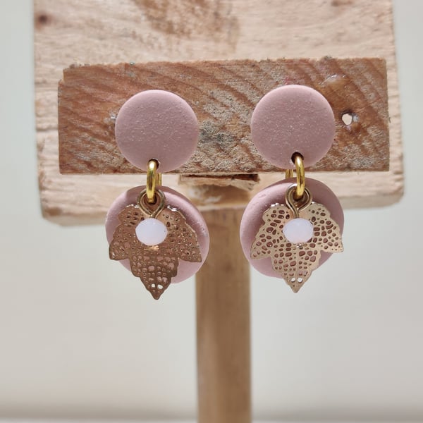 Spring floral pink leaf dangle polymer clay earrings oopsy 