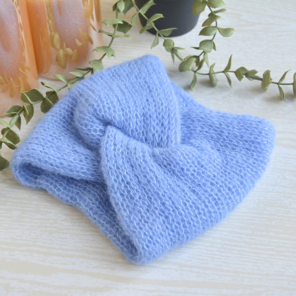 Knitted Wide Headband Soft As A Cloud Twisted Headband Alpaca Silk Summer Sky