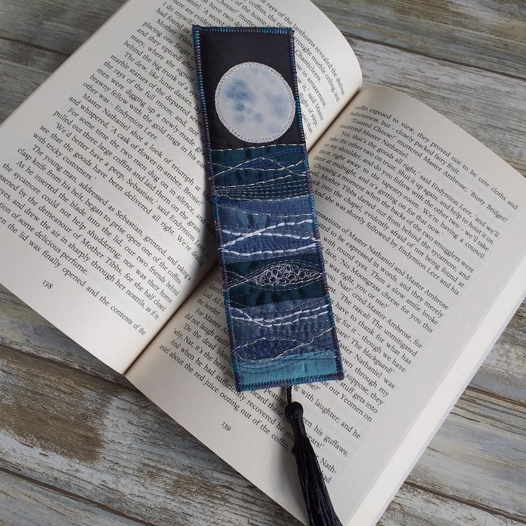  Embroidered Silk Bookmark, Moonlit Seascape Bookmark