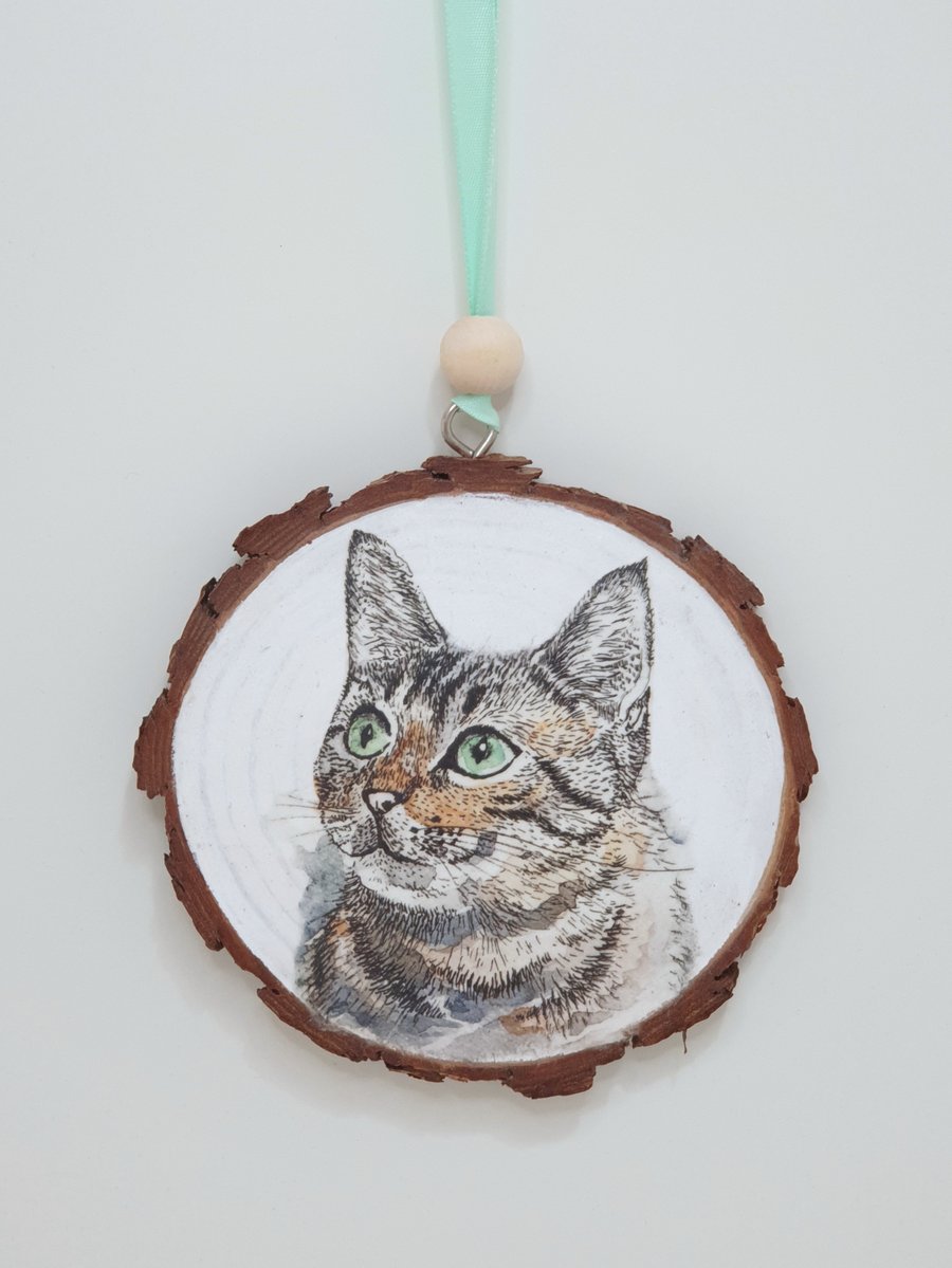 Tabby cat wooden slice hanging decoration, gift for a cat lover 