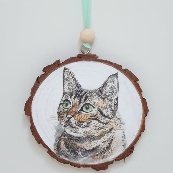 Tabby cat wooden slice hanging decoration, gift for a cat lover 