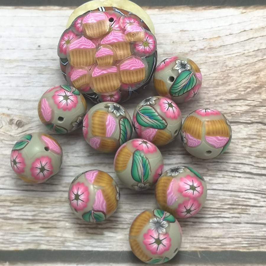 Flowers and Cupcakes Beads and Pendant - Pink and Grey