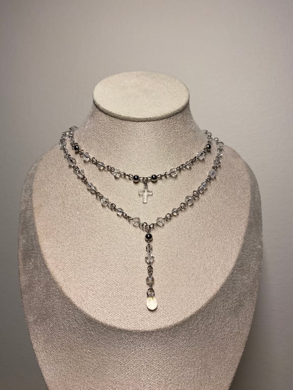 Leanna - Clear Cross Rosary Style Choker Necklace 