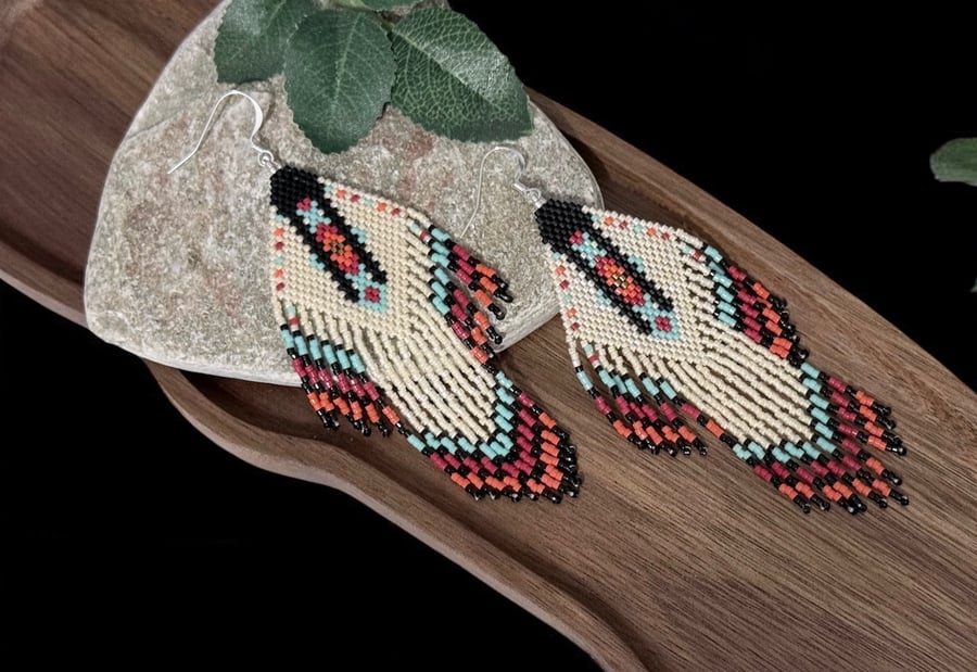 Handmade Miyuki Bead Fringe Earrings in a Native American Inspired Design