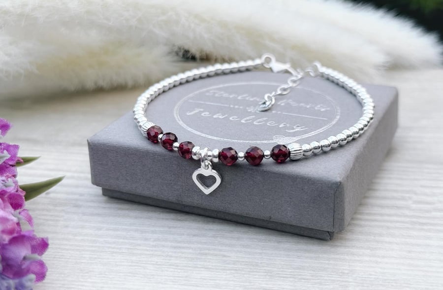 Sterling Silver and Garnet Heart Charm Gemstone Bracelet