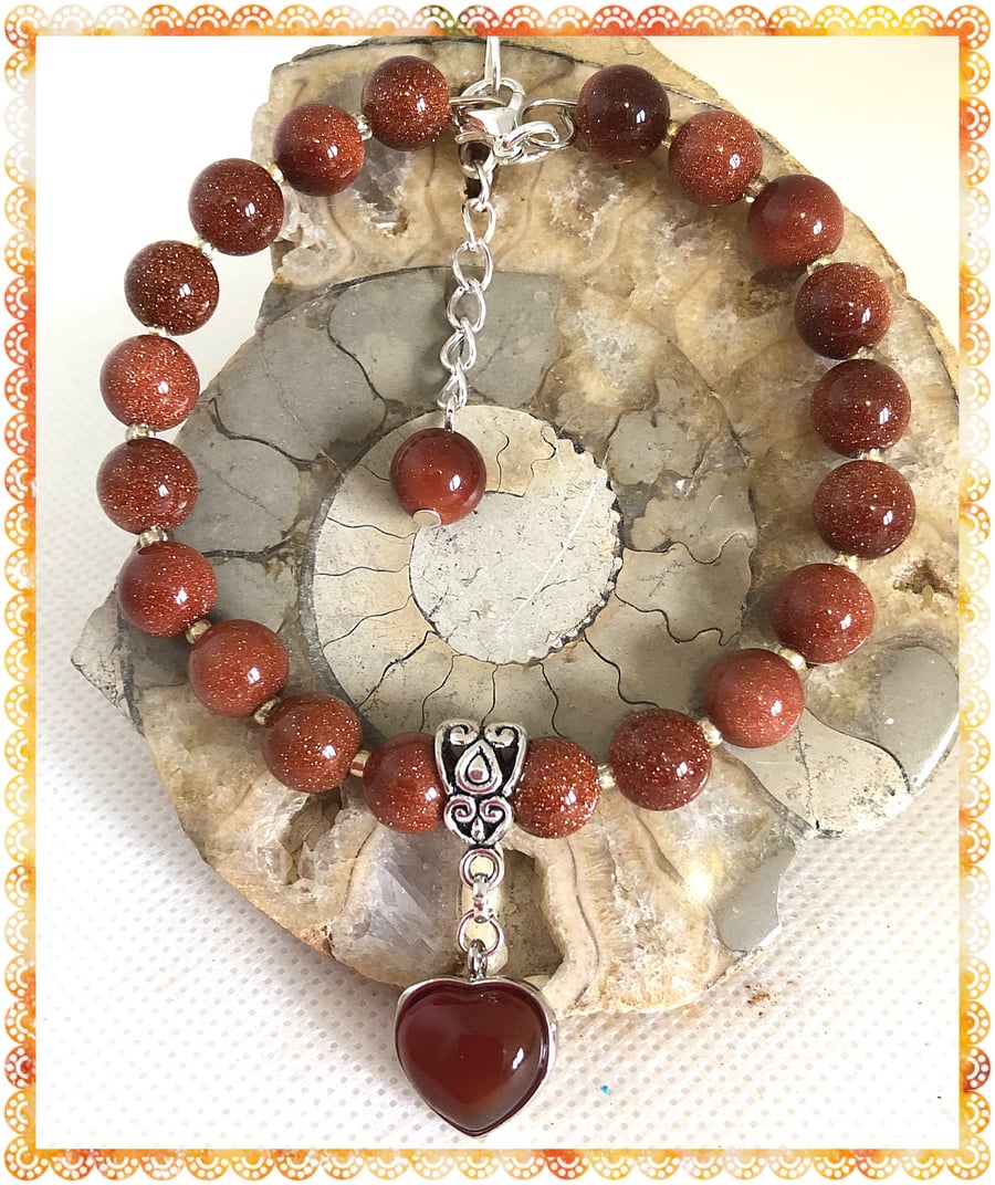 OOAK Goldstone heart bangle style bracelet 