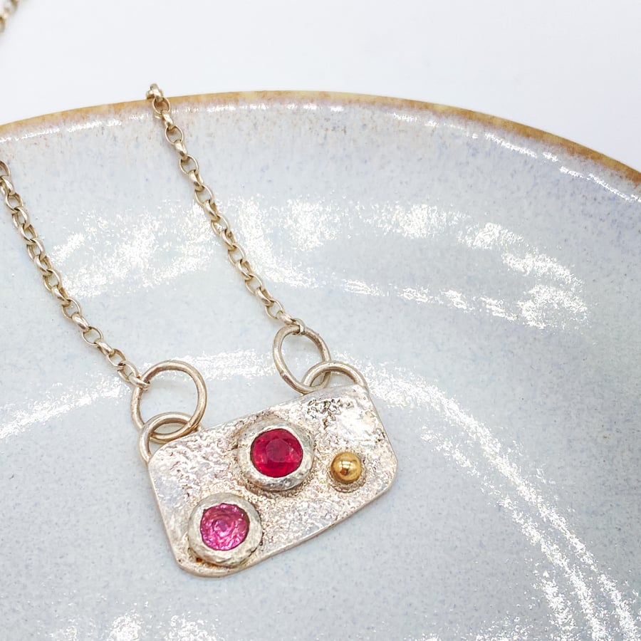 Pink Sapphire and Ruby in Silver and Gold Necklace Handmade  