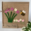 Handmade Birthday Card. Rose pink and cream flowers from wool felt. 