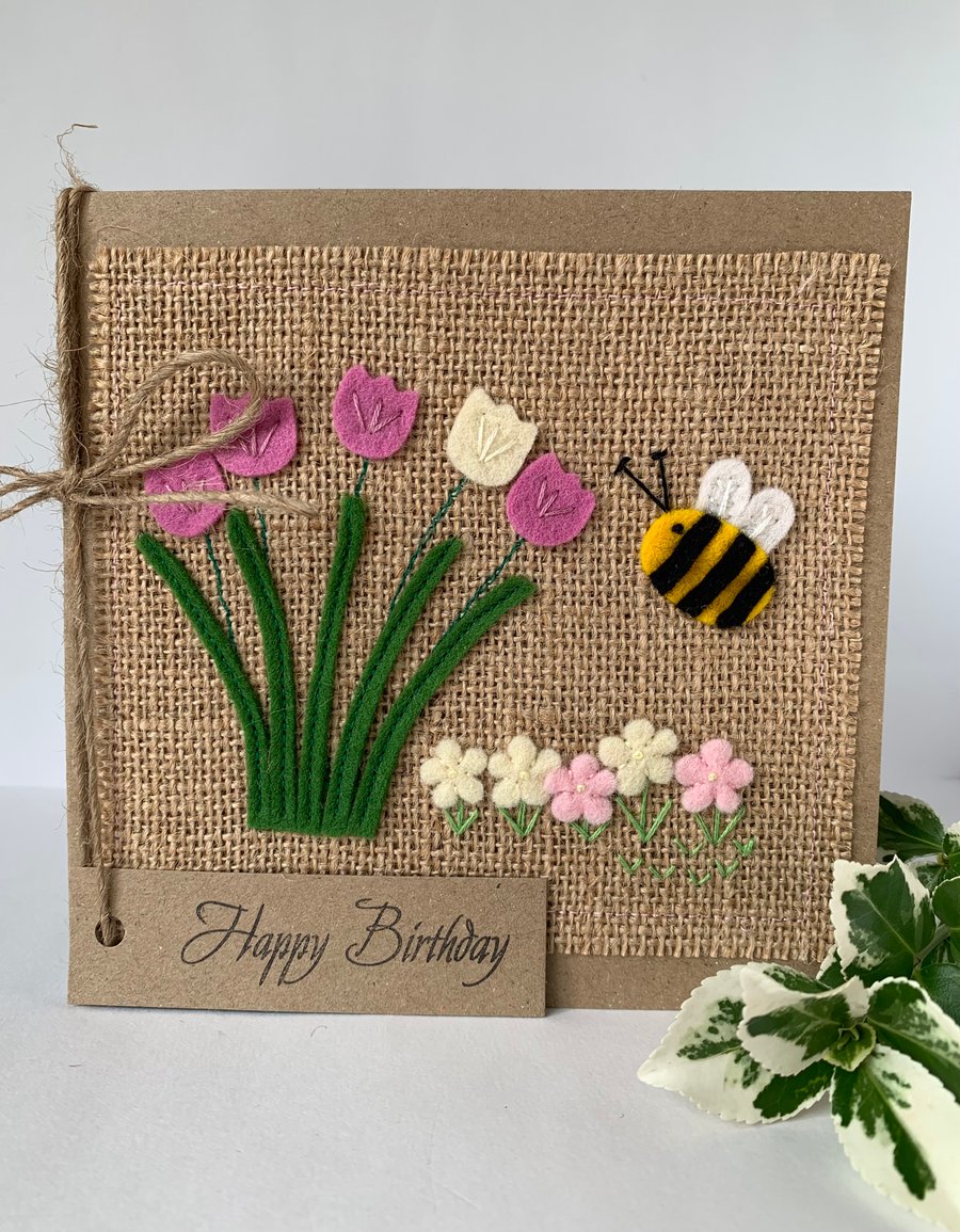 Handmade Birthday Card. Rose pink and cream flowers from wool felt. 