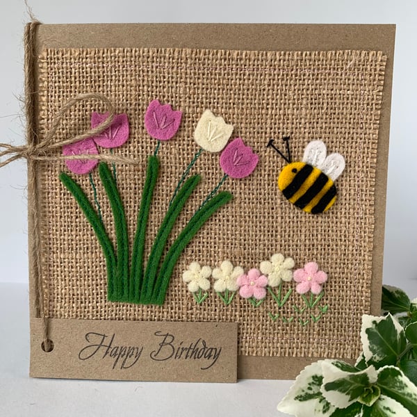 Handmade Birthday Card. Rose pink and cream flowers from wool felt. 