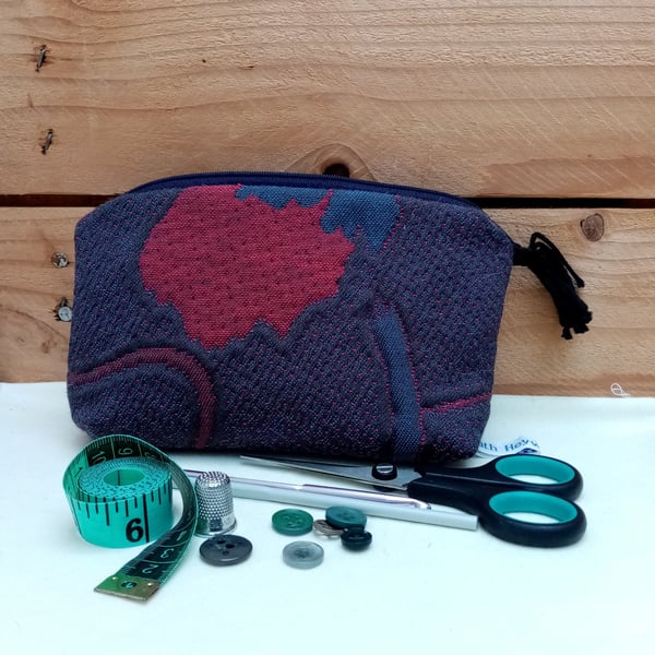 Zipped Pouch, Navy and Red Abstract Design, Handmade 