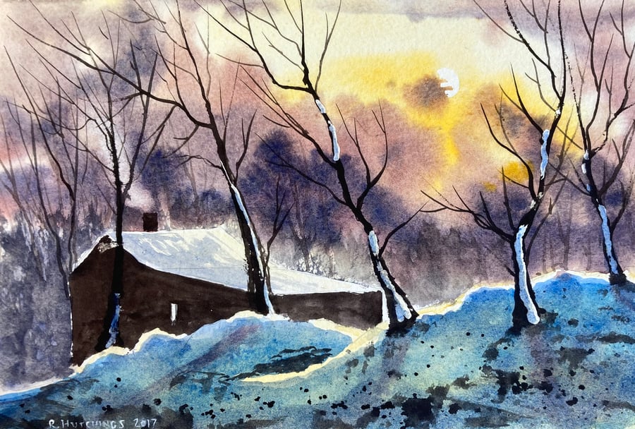 Winter cabin retreat nocturne (Original Watercolour FULLY MOUNTED 12” x 10”)