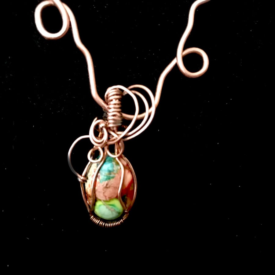 Oxidised Wire Wrap Imperial Jasper Copper Pendant - Gift Boxed