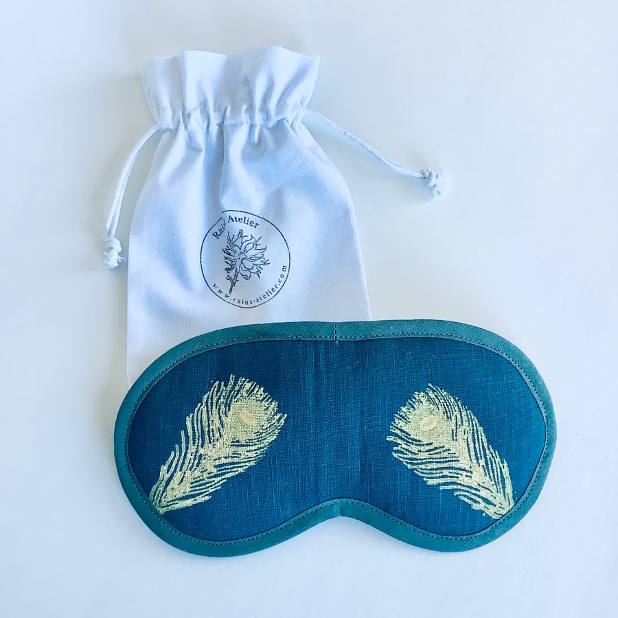 Peacock Feathers Linen Lavender Infused Eye Mask for Relaxation and Meditation 