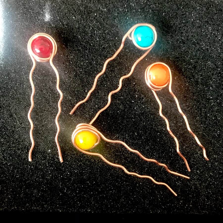 Hair Pins - Set of 4 - Vibrant Glass Beads on Solid Tarnish Resistant Copper