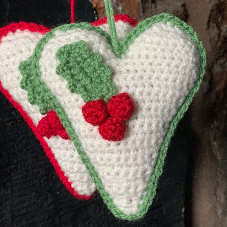 Christmas crochet heart with holly decoration 