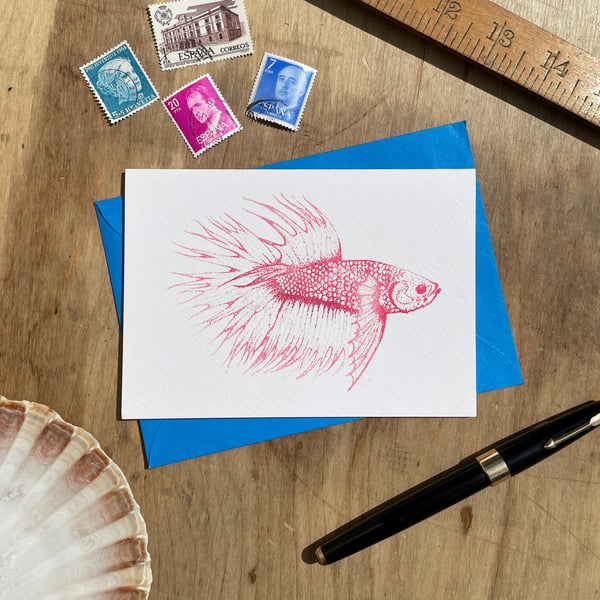 Pink Betta Fish Illustrated Blank Greeting Card